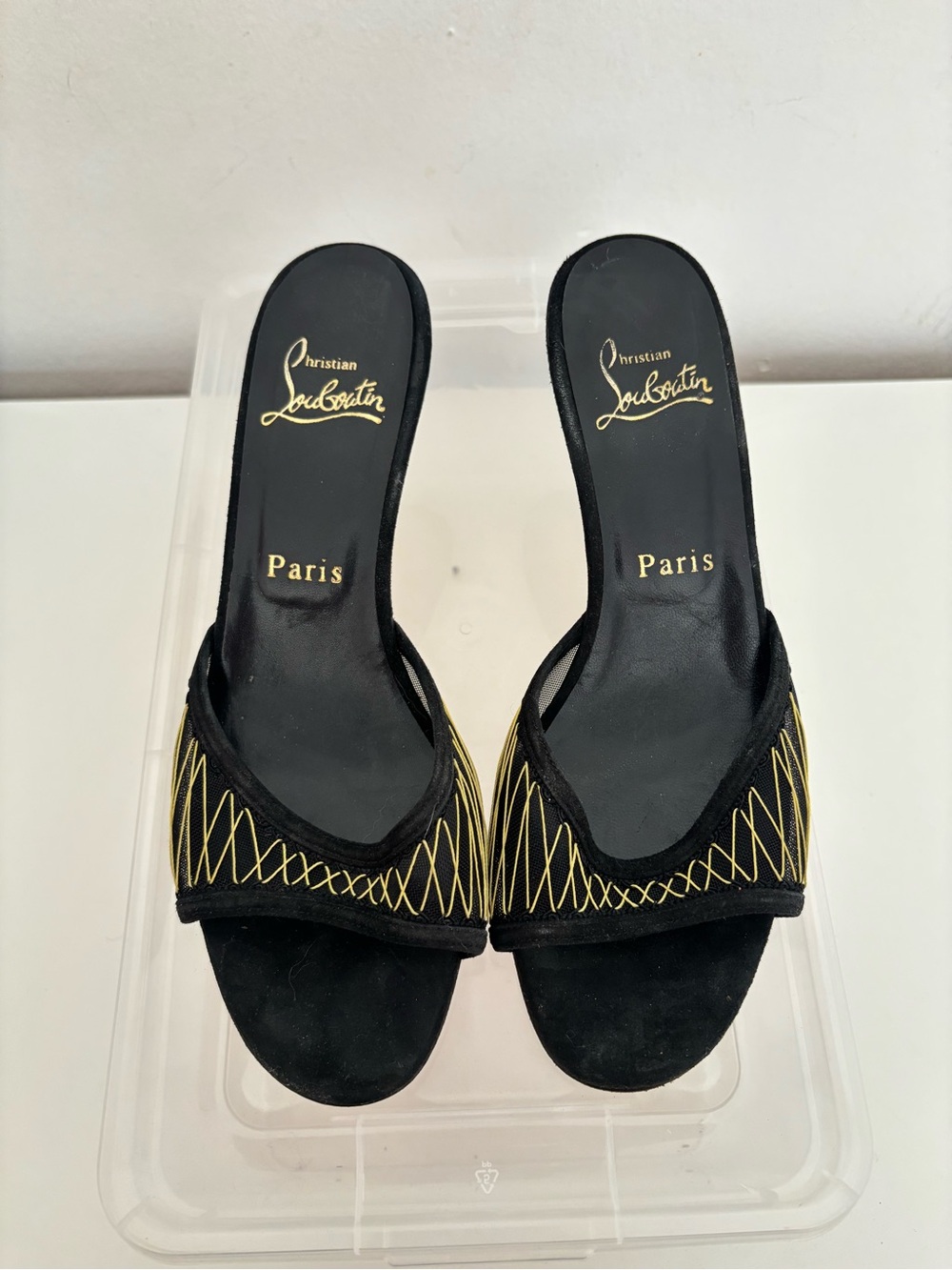 Christian Louboutin Black Sandals with Yellow Gold Stitching